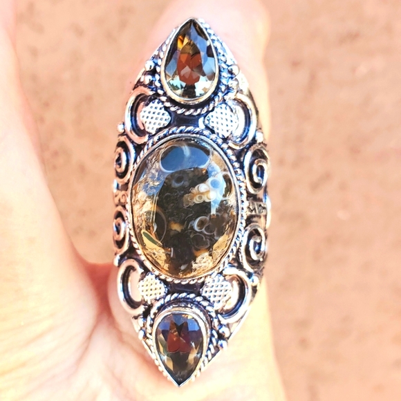 New Turtella Agate Fossil and Smoky Quartz 925 Silver Statement Ring. - Picture 1 of 7